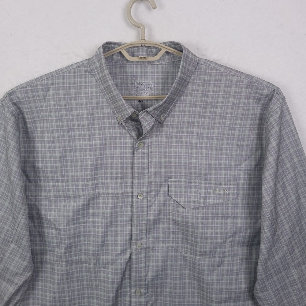 Huk Performance Fishing Button Up Shirt Mens XXL Grey Plaid Long Sleeve Vented - Picture 7 of 11